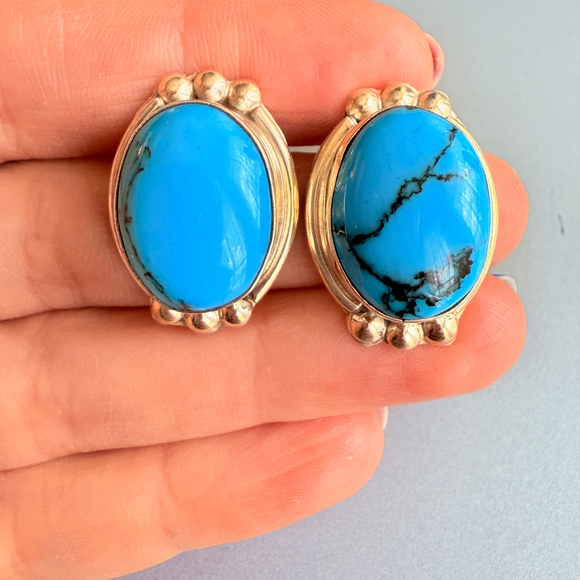 Sterling Silver 19.3 CT Turquoise Southwestern Large Oval Stud Mexico Earrings - Picture 5 of 6